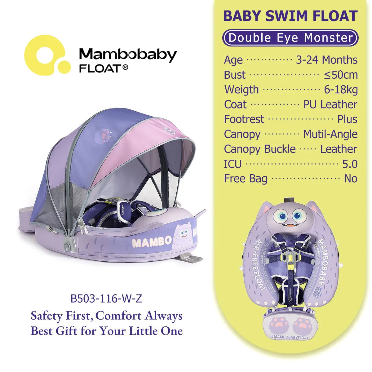Mambobaby Float No-Slip Safe Harness ST-Cup Cake B503-150-W-Z Safe Core No Inflation No Leaks Baby Swim Ring Toddler Pool Float