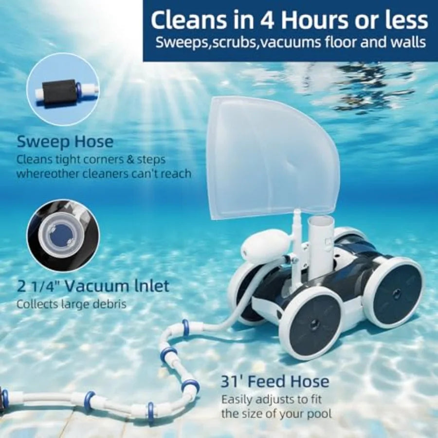 Professional pool cleaner for swimming pools, pressure side sweeper with stable 4-wheel structure, durable PVC material, blue c