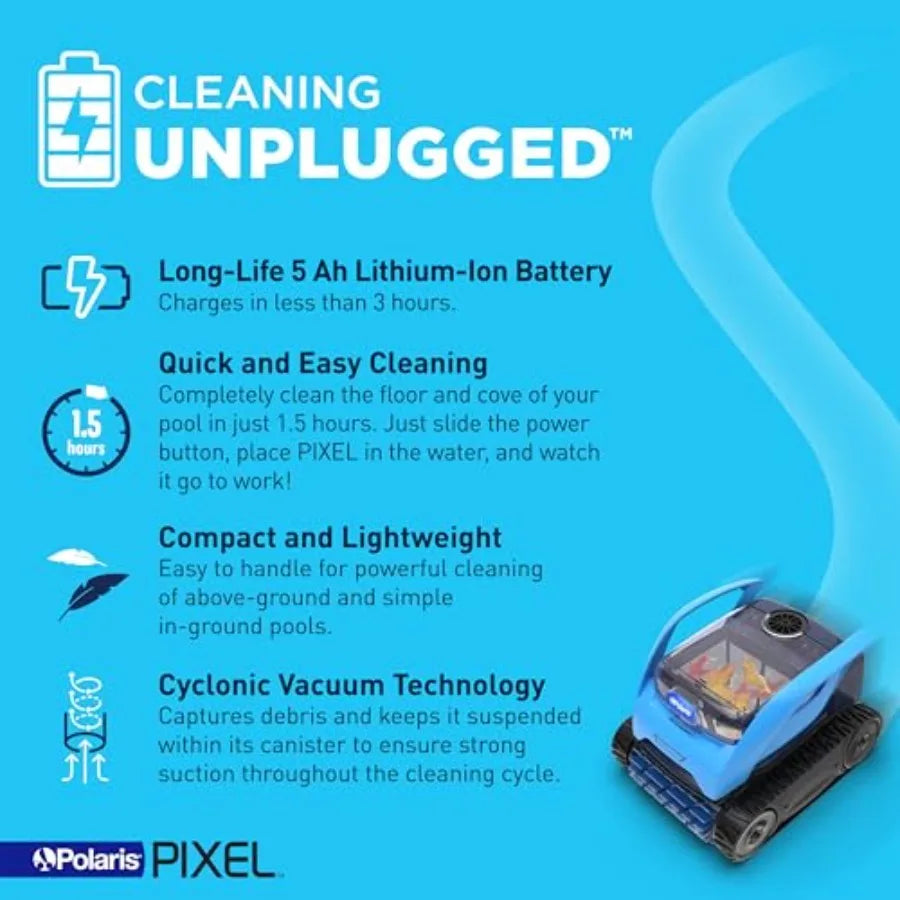 Above-ground and in-ground pool cleaner, cyclonic vacuum technology, compact lightweight design, long-lasting battery, black