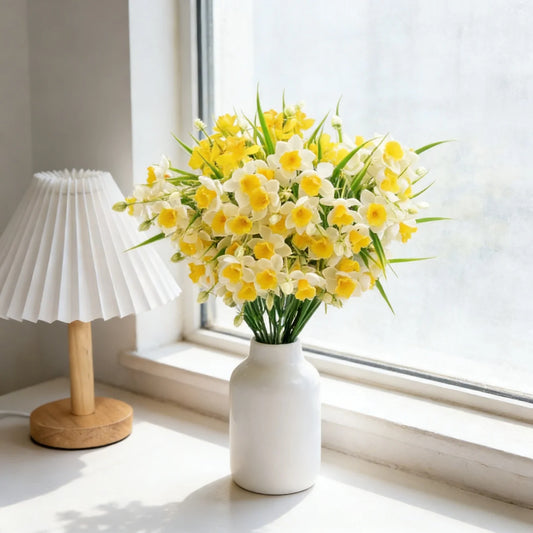 Narcissus Fake Flowers, White Yellow Faux Daffodils Bouquet Floral Arrangement for Home Party Wedding Office Store Decor