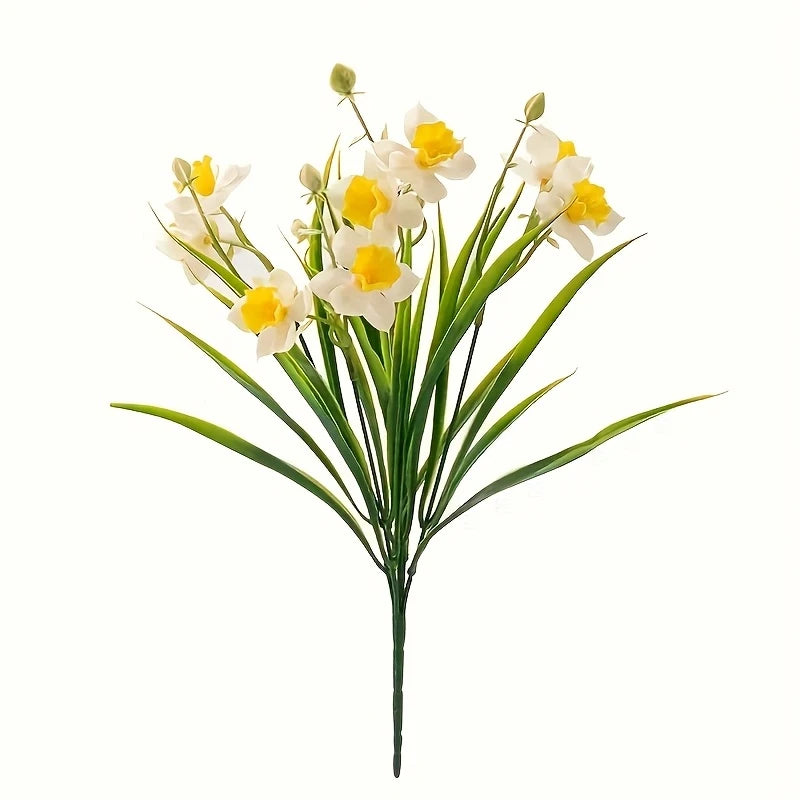 Narcissus Fake Flowers, White Yellow Faux Daffodils Bouquet Floral Arrangement for Home Party Wedding Office Store Decor