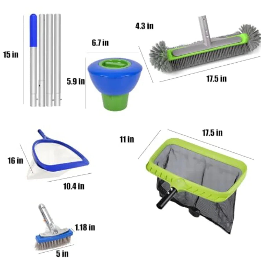 Pool Maintenance Kit with Aluminum Pole, Skimmer Nets, Brushes Chlorine Dispenser for Easy Pool Cleaning Gray, Durable, Lightwe
