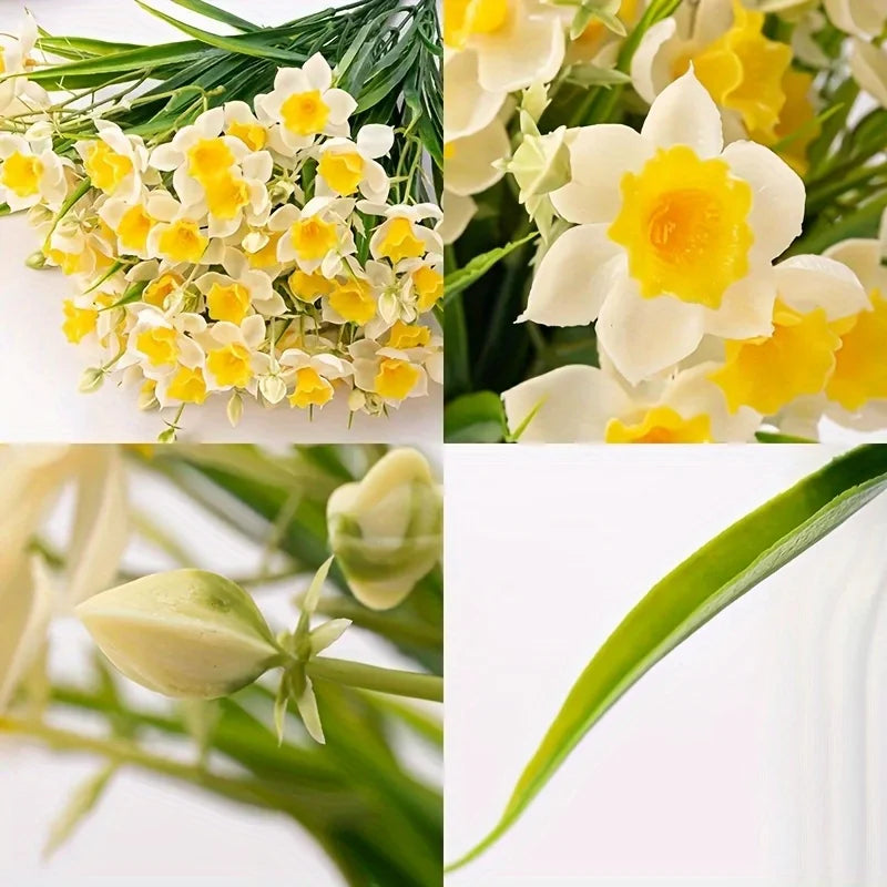 Narcissus Fake Flowers, White Yellow Faux Daffodils Bouquet Floral Arrangement for Home Party Wedding Office Store Decor