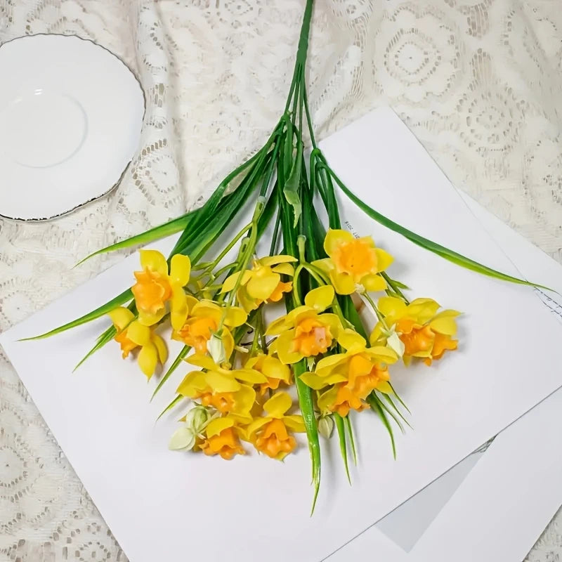 Narcissus Fake Flowers, White Yellow Faux Daffodils Bouquet Floral Arrangement for Home Party Wedding Office Store Decor