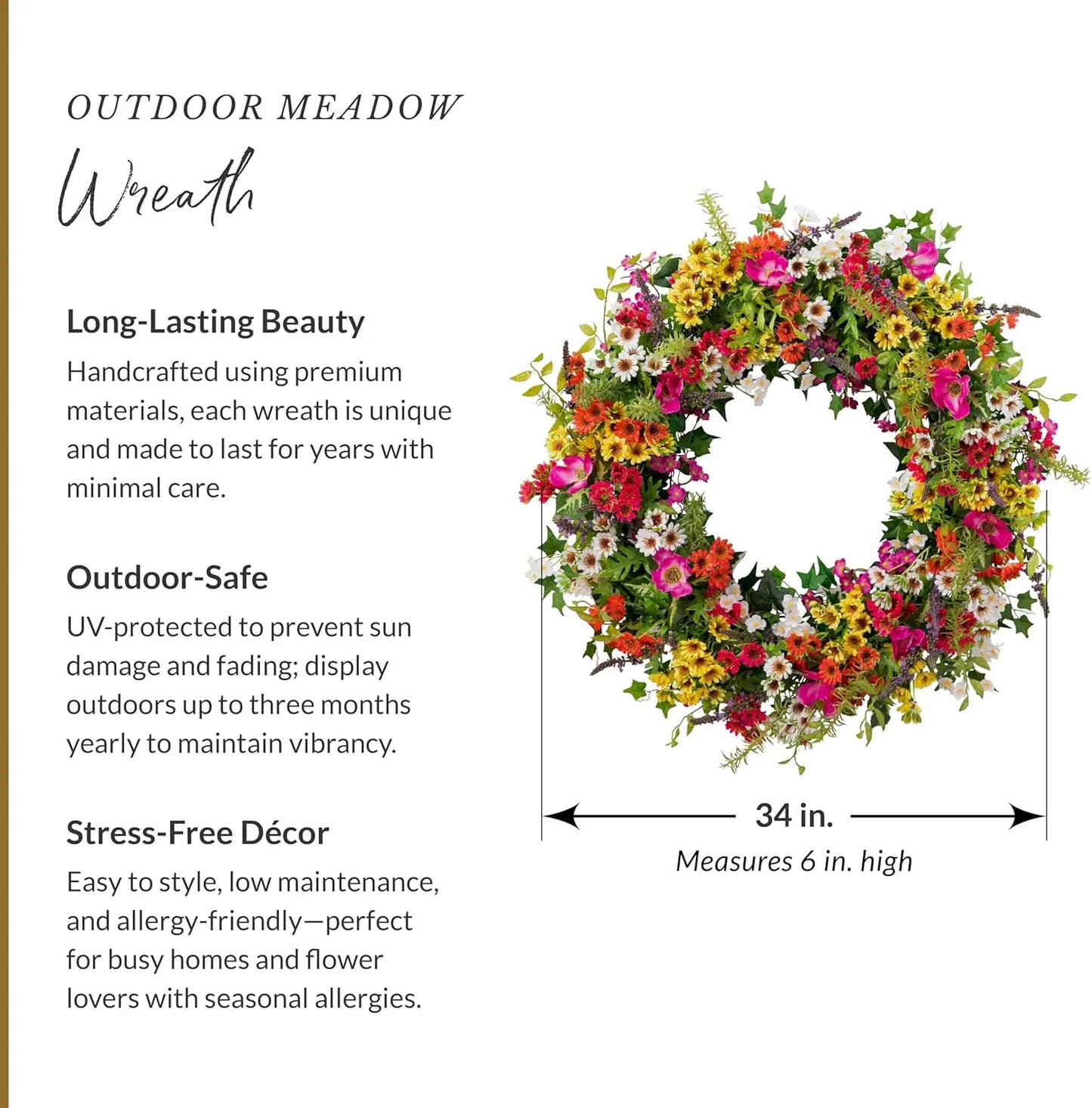 Outdoor Meadow Spring & Summer Wreath - 34" Premium UV-Protected Floral Door Wreath for Front Door, Patio, Garden & Year-Round O