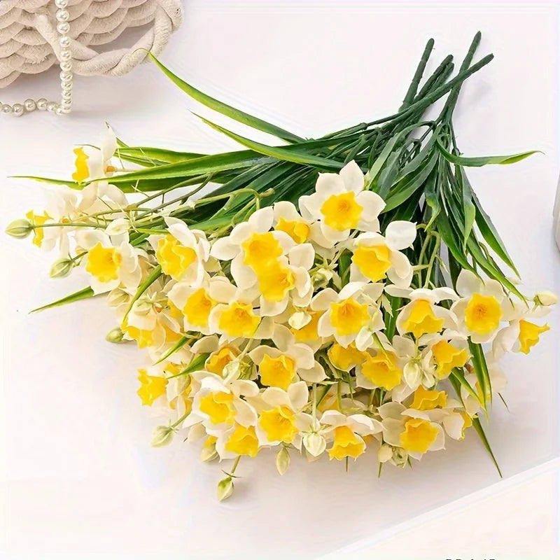 Narcissus Fake Flowers, White Yellow Faux Daffodils Bouquet Floral Arrangement for Home Party Wedding Office Store Decor