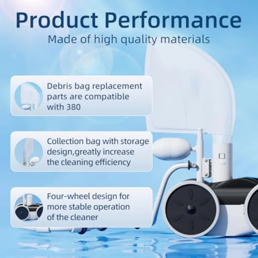Professional pool cleaner for swimming pools, pressure side sweeper with stable 4-wheel structure, durable PVC material, blue c