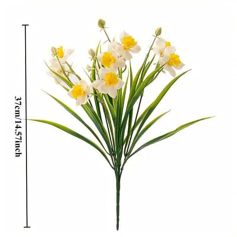 Narcissus Fake Flowers, White Yellow Faux Daffodils Bouquet Floral Arrangement for Home Party Wedding Office Store Decor