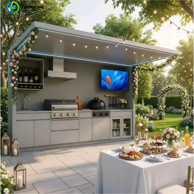 Premium Outdoor Cooking Kitchen BBQ POD Easy Setup with Combined Sink Fridge Stainless Steel Backyard Party Ready Customized