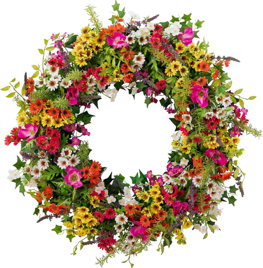 Outdoor Meadow Spring & Summer Wreath - 34" Premium UV-Protected Floral Door Wreath for Front Door, Patio, Garden & Year-Round O