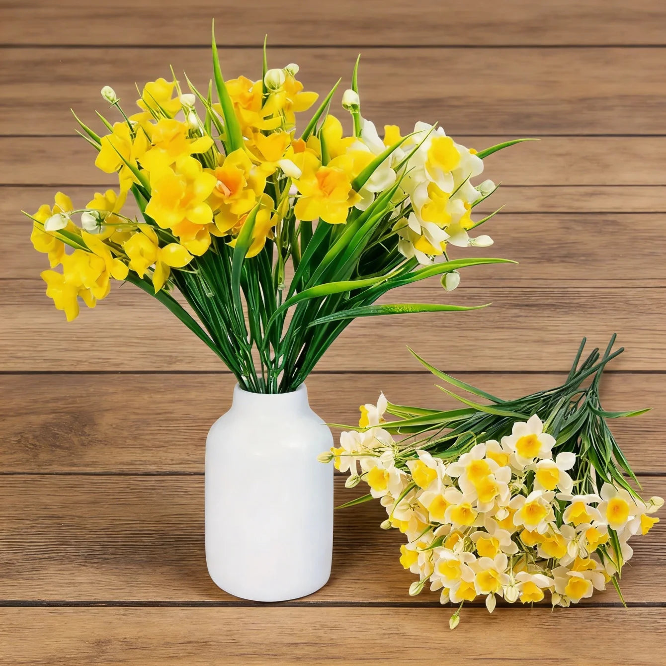 Narcissus Fake Flowers, White Yellow Faux Daffodils Bouquet Floral Arrangement for Home Party Wedding Office Store Decor