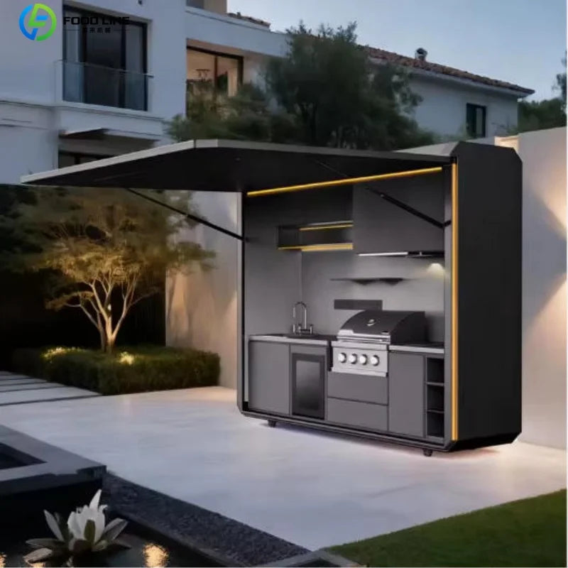 Premium Outdoor Cooking Kitchen BBQ POD Easy Setup with Combined Sink Fridge Stainless Steel Backyard Party Ready Customized