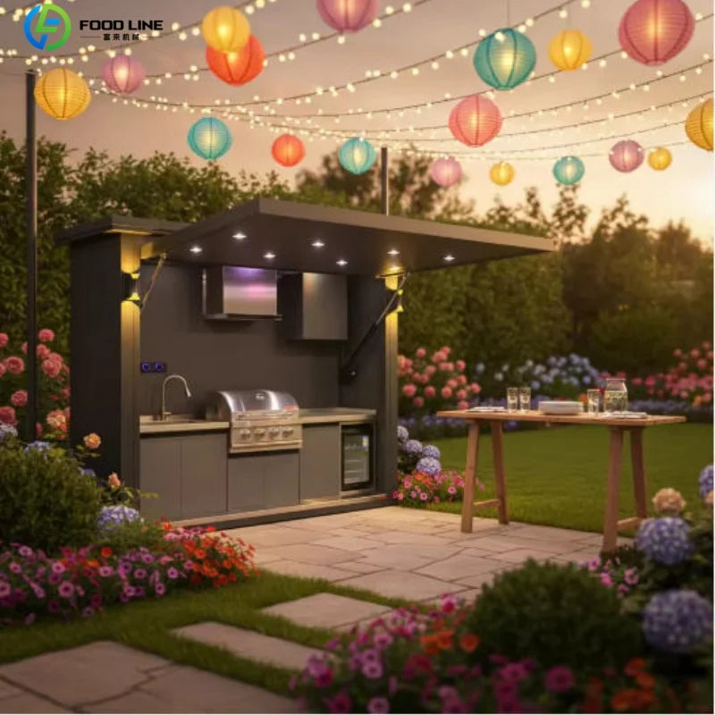 Premium Outdoor Cooking Kitchen BBQ POD Easy Setup with Combined Sink Fridge Stainless Steel Backyard Party Ready Customized