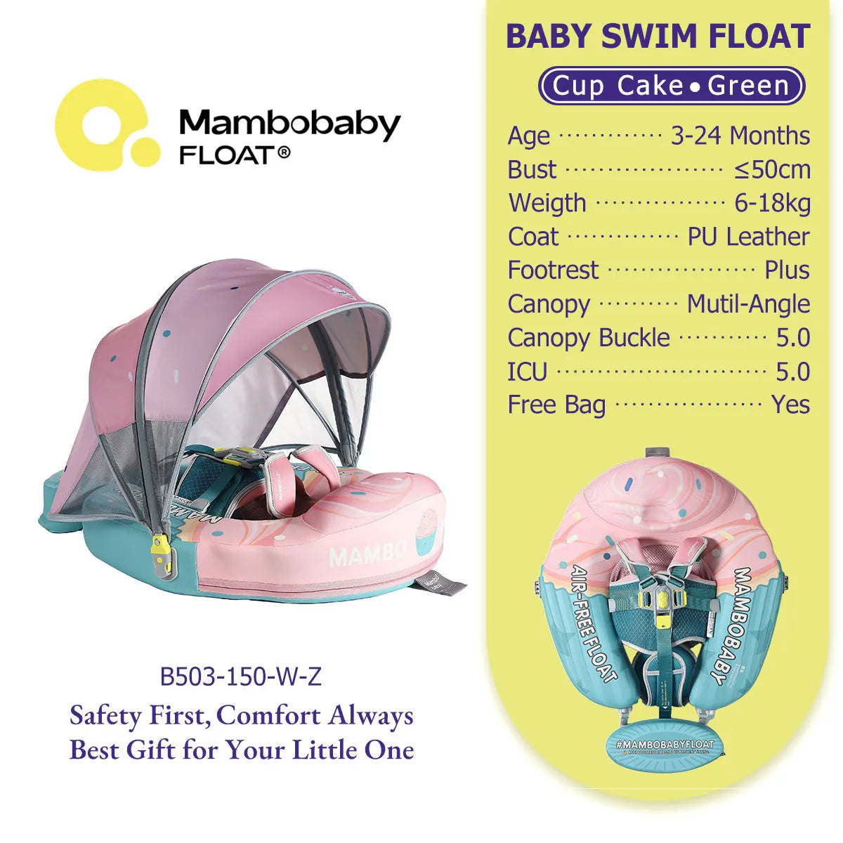 Mambobaby Float No-Slip Safe Harness ST-Cup Cake B503-150-W-Z  Safe Core No Inflation No Leaks Baby Swim Ring Toddler Pool Float