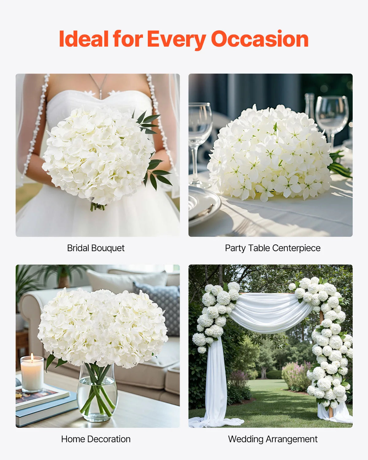 VEVOR Artificial Flowers Real Looking White Silk Fake Hydrangea Bulk White Faux Bridal Shower with Stem for DIY Wedding Bouquets
