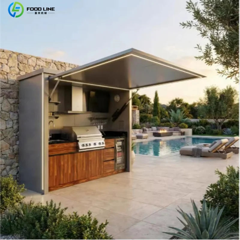 Premium Outdoor Cooking Kitchen BBQ POD Easy Setup with Combined Sink Fridge Stainless Steel Backyard Party Ready Customized