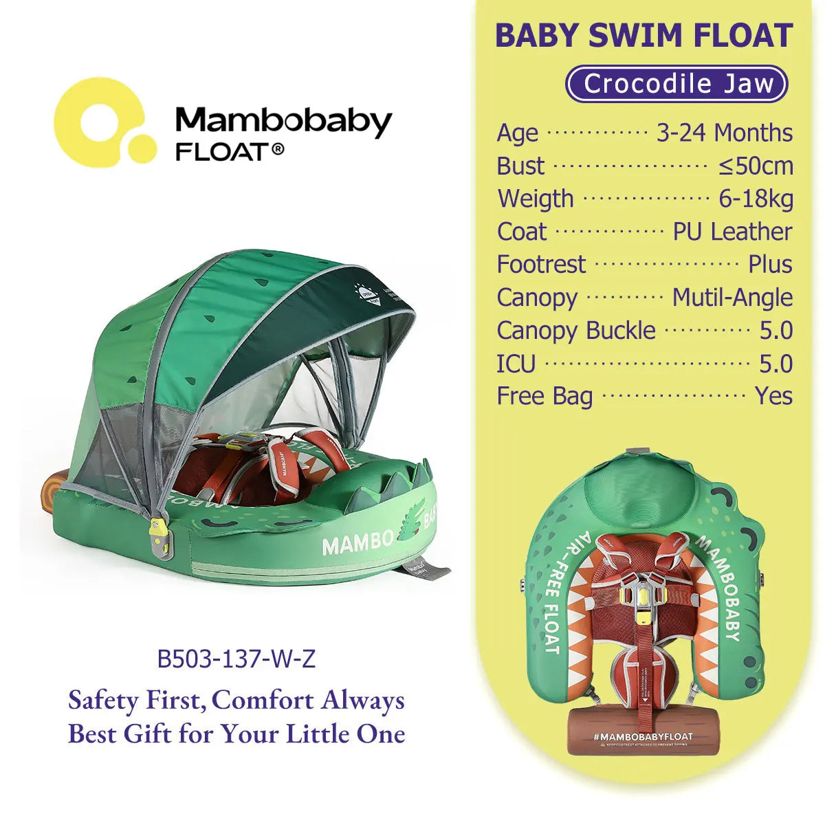 Mambobaby Float No-Slip Safe Harness ST-Cup Cake B503-150-W-Z  Safe Core No Inflation No Leaks Baby Swim Ring Toddler Pool Float