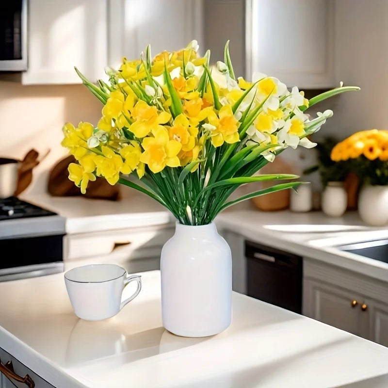 Narcissus Fake Flowers, White Yellow Faux Daffodils Bouquet Floral Arrangement for Home Party Wedding Office Store Decor