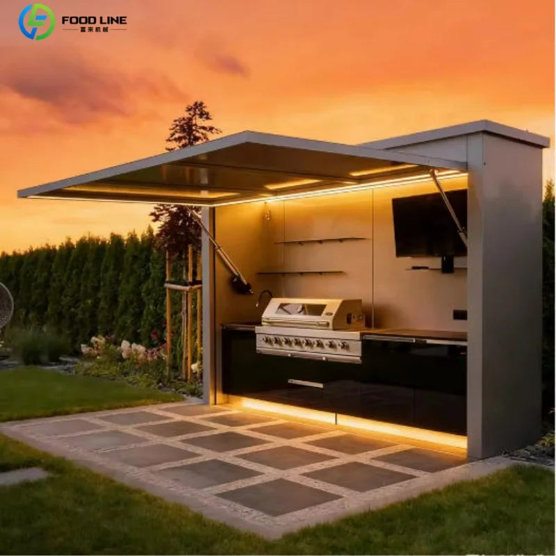 Premium Outdoor Cooking Kitchen BBQ POD Easy Setup with Combined Sink Fridge Stainless Steel Backyard Party Ready Customized