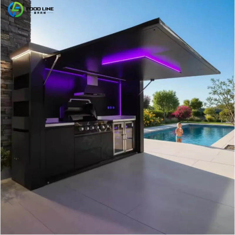 Premium Outdoor Cooking Kitchen BBQ POD Easy Setup with Combined Sink Fridge Stainless Steel Backyard Party Ready Customized