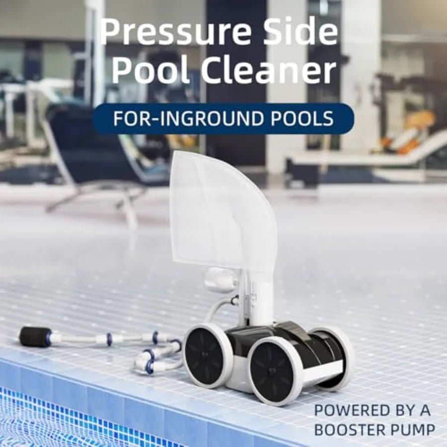 Professional pool cleaner for swimming pools, pressure side sweeper with stable 4-wheel structure, durable PVC material, blue c